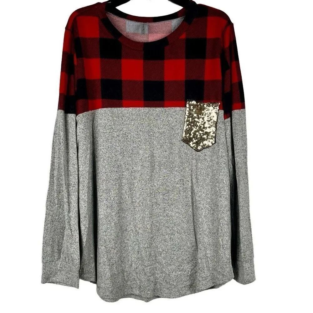 Acting Pro Women’s Long Sleeve Plaid Sequin Pocket Shirt 1X